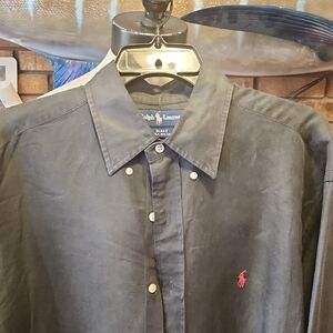 Ralph Lauren Silk Linen Black Button Down Dress Shirt Size L Blake Style Preppy